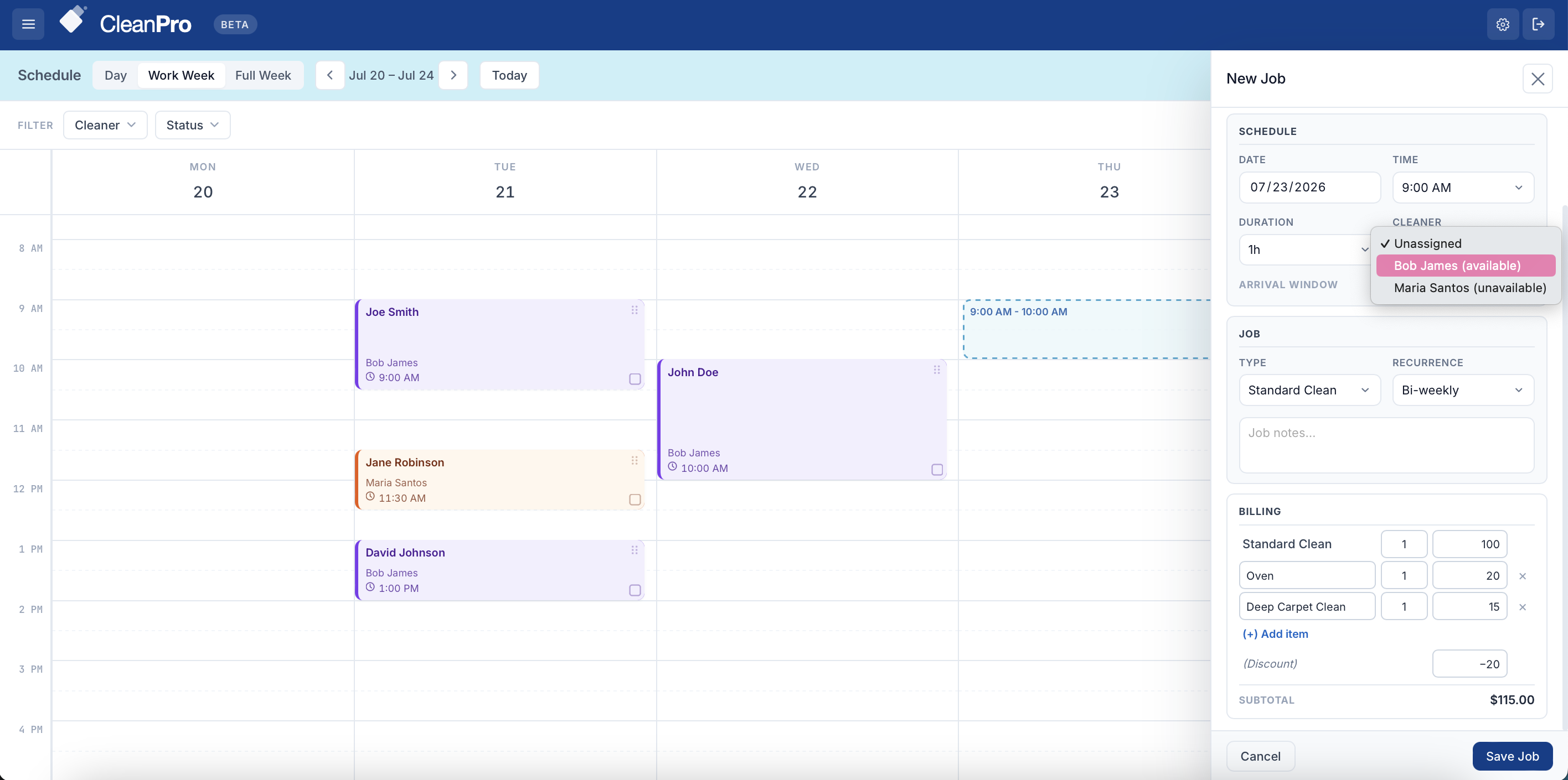 CleanPro calendar showing jobs being added with cleaner availability visible