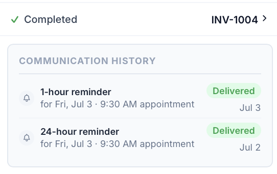 CleanPro job completion panel with reminder history