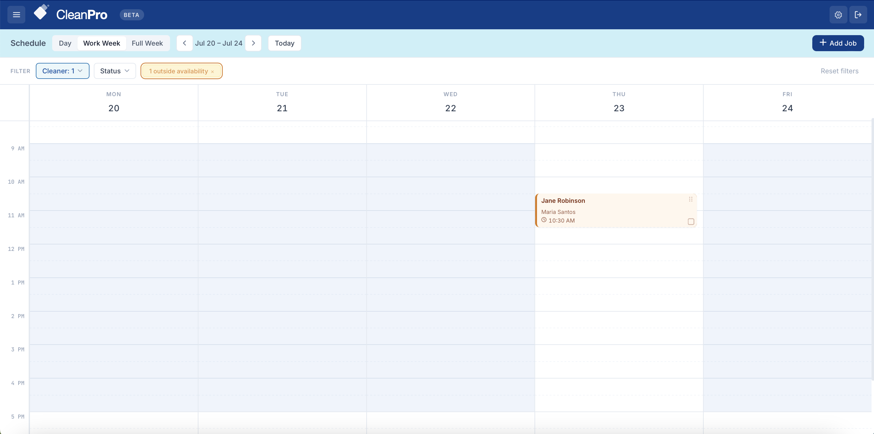 CleanPro calendar flagging a scheduling conflict resolved by drag and drop